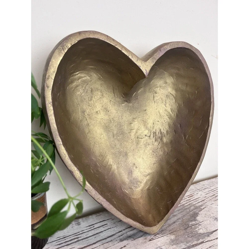 Charming Vintage Hand Carved Wooden Heart Bowl Gold Painted 13”x12”